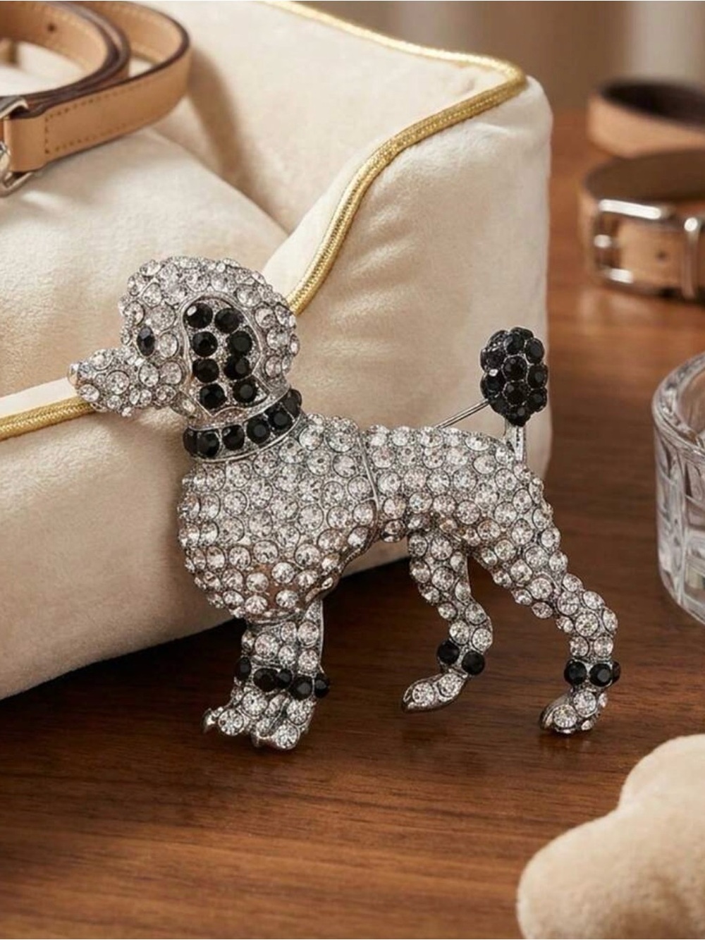 Sparkling Poodle Dog Brooch Pin - Clear and Black Crystal Accent